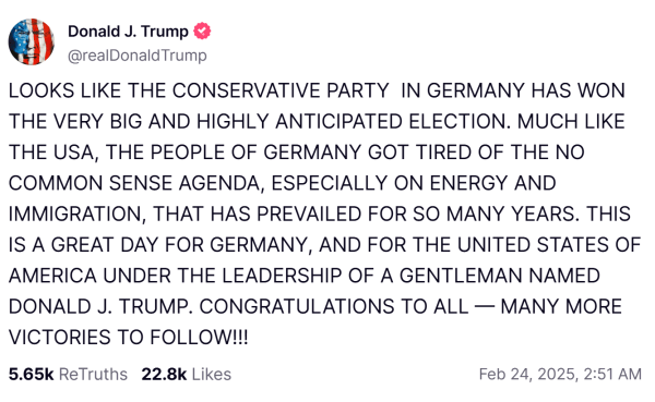 德国大选结果出炉，特朗普：这是伟大的一天