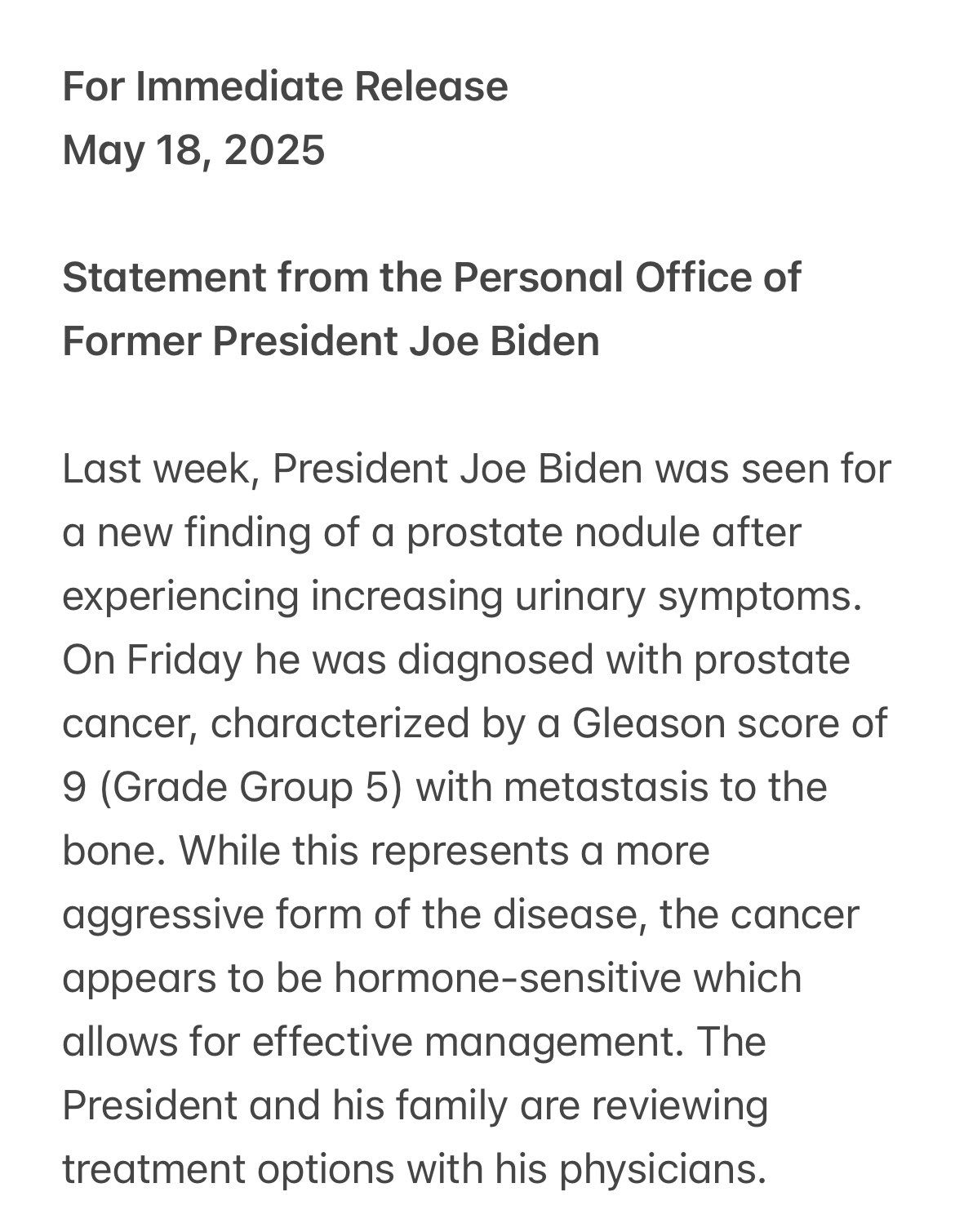 拜登确诊前列腺癌 已扩散至骨骼