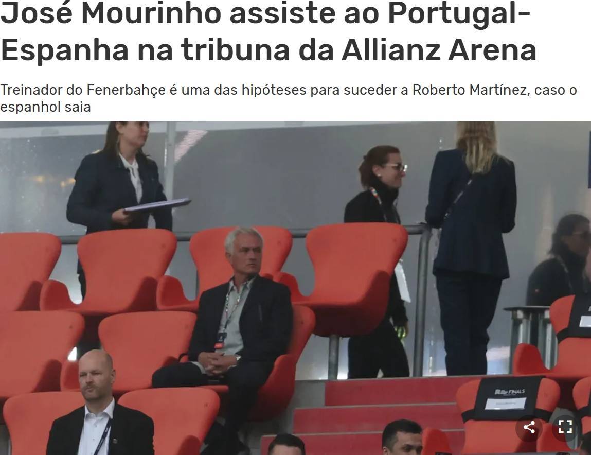 葡媒:穆里尼奥现场见证葡萄牙夺冠,他是国家队新帅候选之一